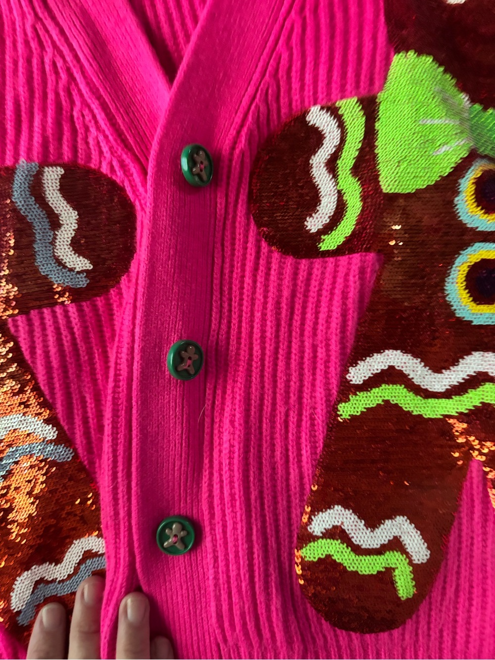 QOS xs Hot Pink Sequin Gingerbread Cardigan - Picture 4 of 6